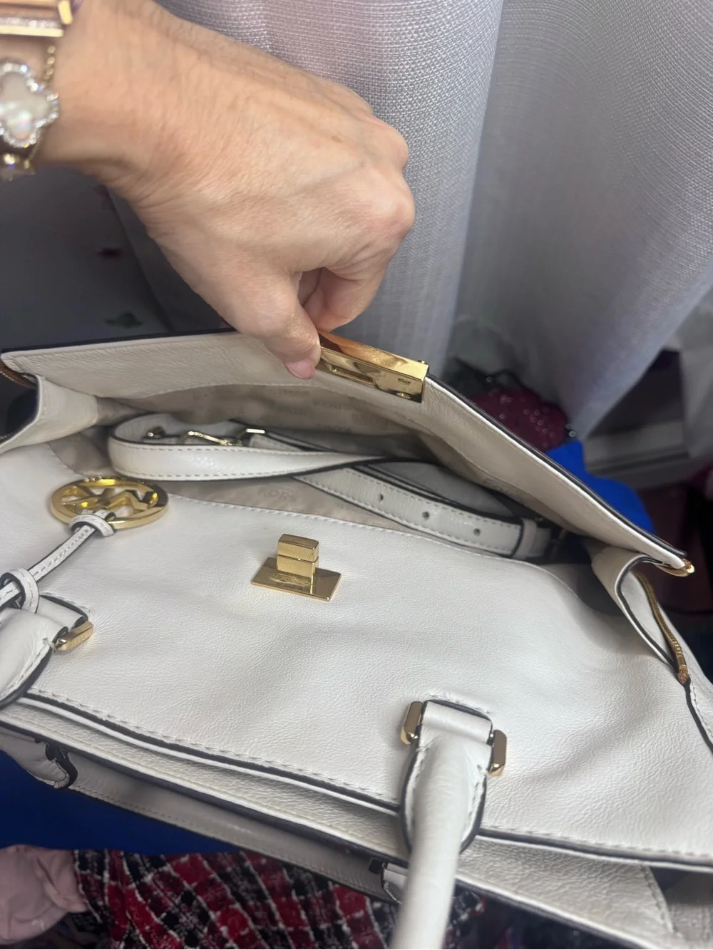 Michael Kors White & Brown Leather Satchel with Gold Hardware